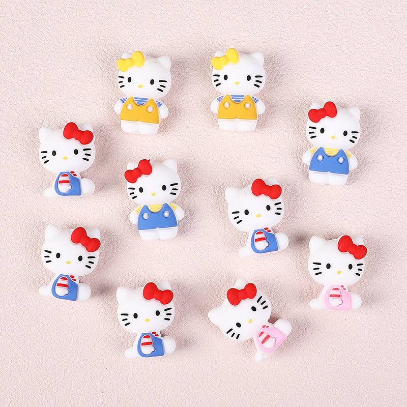 20Pcs Silicone 3D Focal Beads White Cat No Mouth Red Bow Wearing Clothes 4