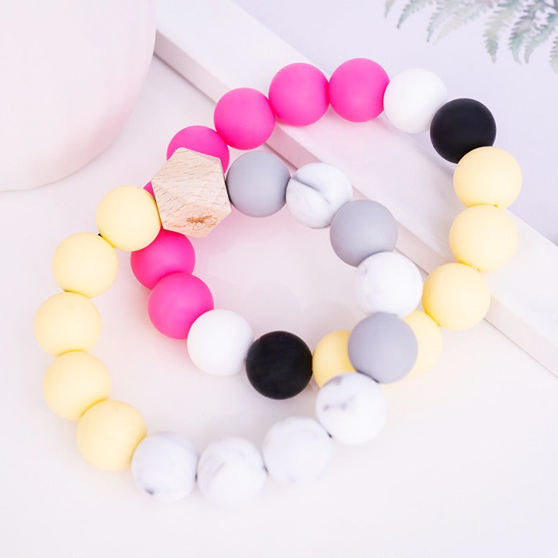 Silicone Bead Bracelet Keychain with Wooden Bead Accent 4
