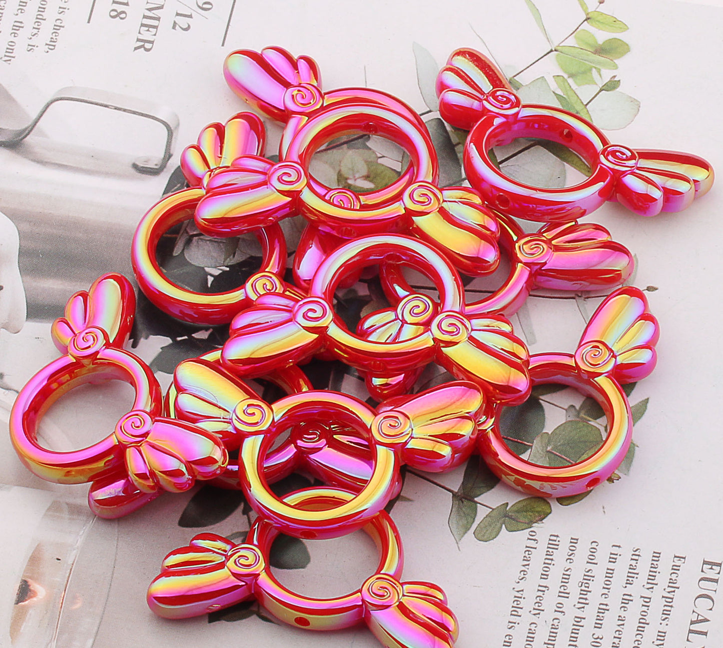 2Pcs 25x46mm Sakura Angel Wings Acrylic Beads UV Finish Color Plated 12