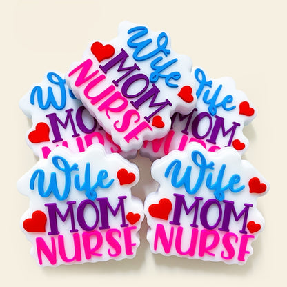 20pcs Silicone Focal Beads Nurse Mom Text with Heart Detail