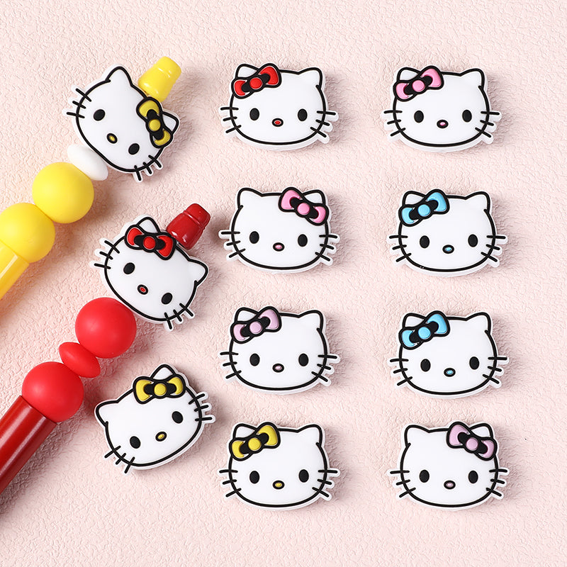 20Pcs Silicone Focal Beads White Cat Head with Bow Detail 2
