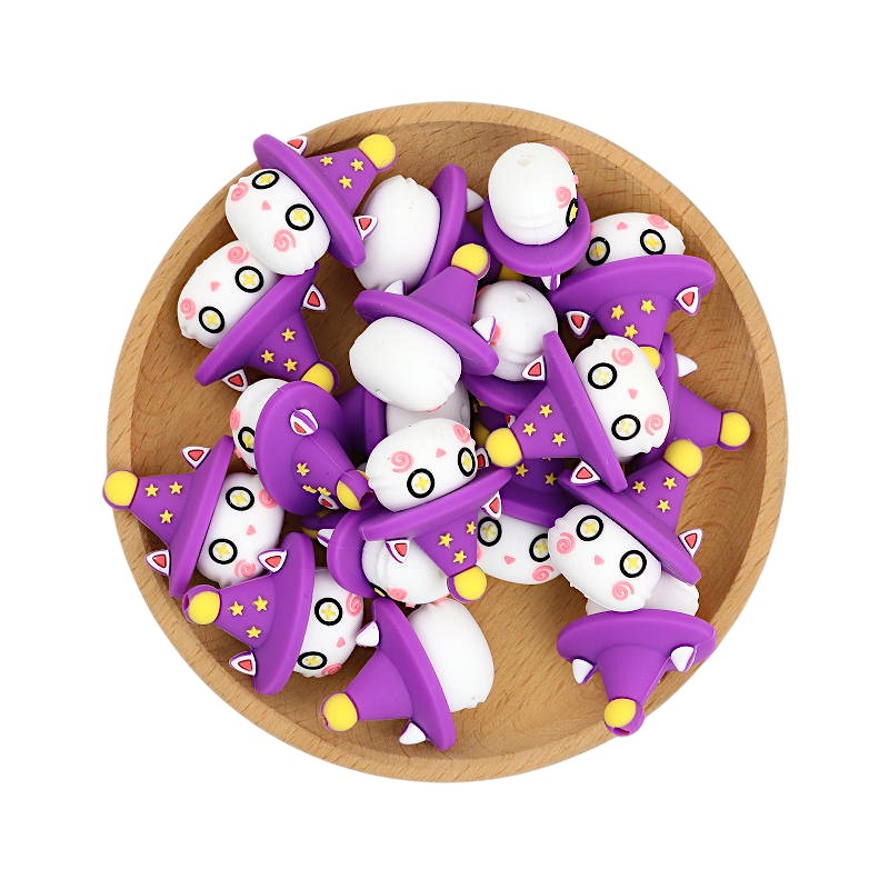 20Pcs Silicone 3D Focal Beads Halloween White Imp Wearing Witch Hat 2