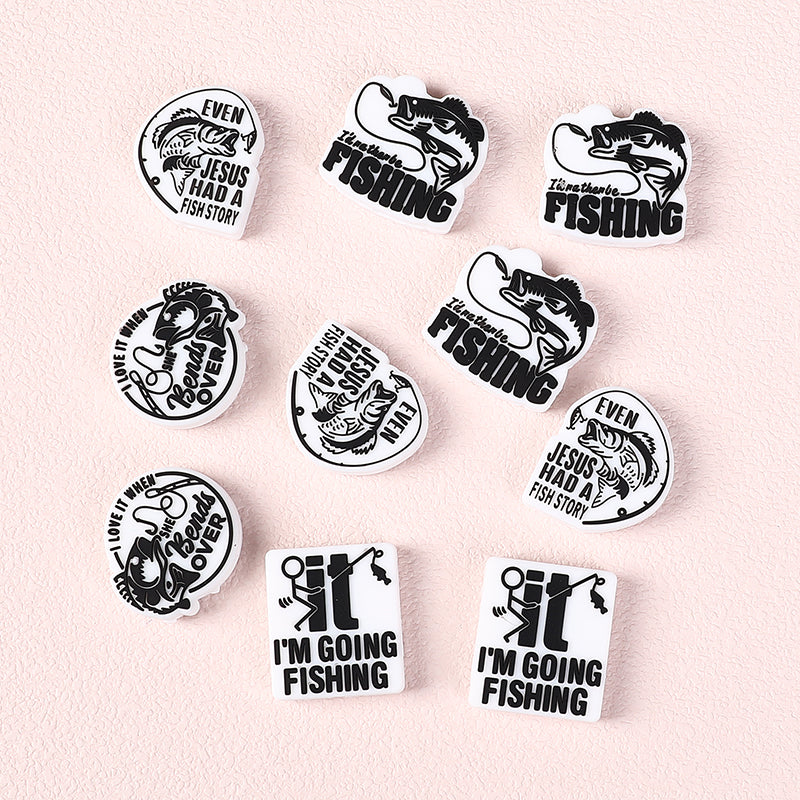20Pcs Silicone Focal Beads Fishing Theme Printed Text Designs 2