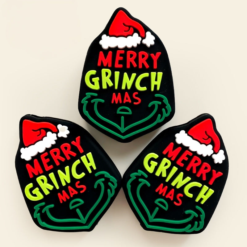 20Pcs Silicone Focal Beads Green Furry Character Scowling Face Wearing Santa Hat