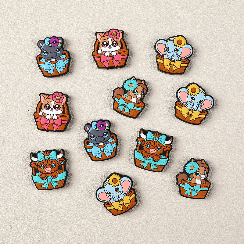 Silicone 3D Focal Beads Cartoon Basket Animals Sitting in Woven Basket 3