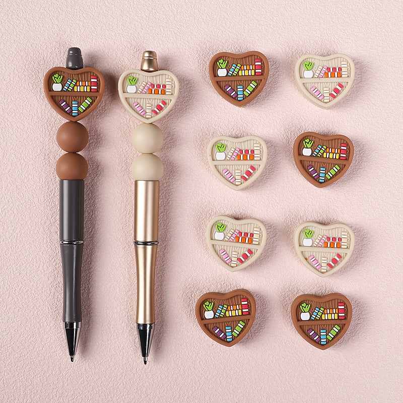 20Pcs Silicone Focal Beads Double Sided Heart Shaped Bookshelf Design 6