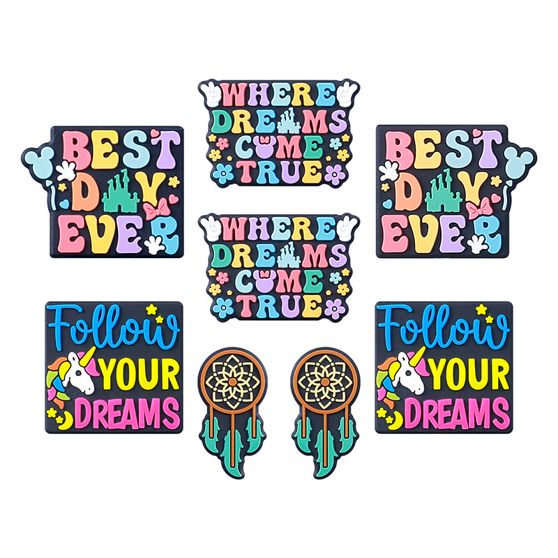 20pcs Silicone Focal Beads Dreams Text and Unicorn with Dreamcatcher Design