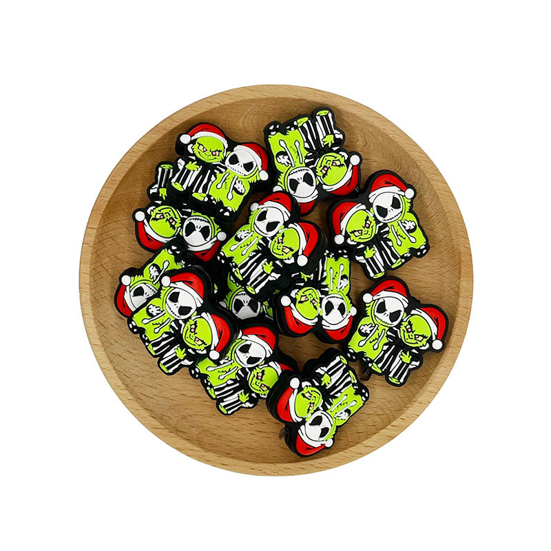 20pcs Silicone Focal Beads Christmas Green Furry Character Scowling Face with Red Hat 2