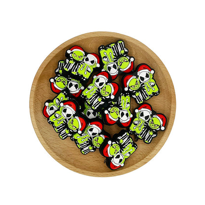 20pcs Silicone Focal Beads Christmas Green Furry Character Scowling Face with Red Hat 2