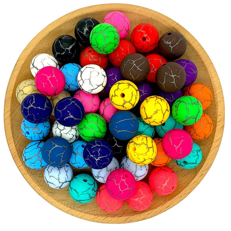 50pcs 15mm Printed Crackle Silicone Beads Colorful Design