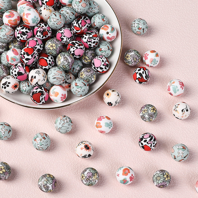 50pcs 15mm Rhombus Printed Silicone Beads Multi Color Design 2