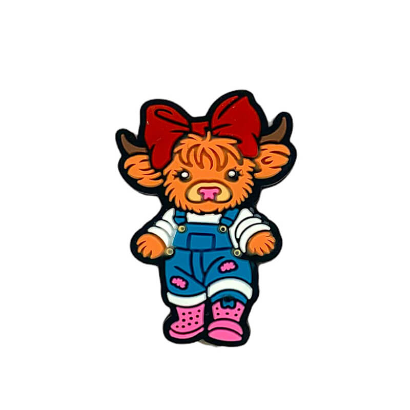 Silicone Focal Beads Girl Highland Cow Wearing Bow and Overalls