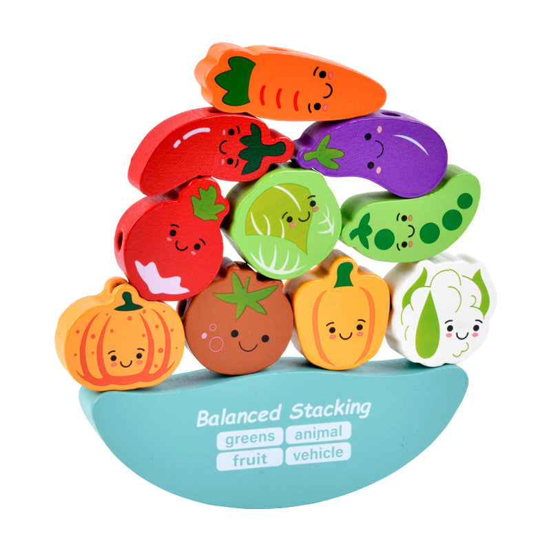 Wooden Building Blocks Animal Vegetable Fruit Balance Stacking Toy
