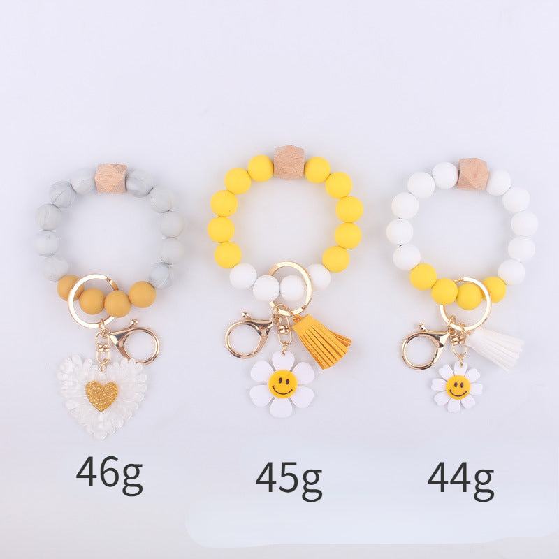 Sunflower Heart Silicone Bead Wristlet Keychain with Tassel Charm 5
