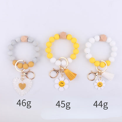 Sunflower Heart Silicone Bead Wristlet Keychain with Tassel Charm 5