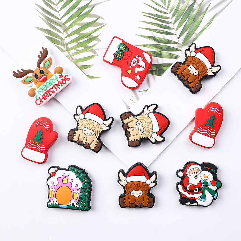 20pcs Silicone Focal Beads Christmas Tree House Kitty Santa and Snowman 4
