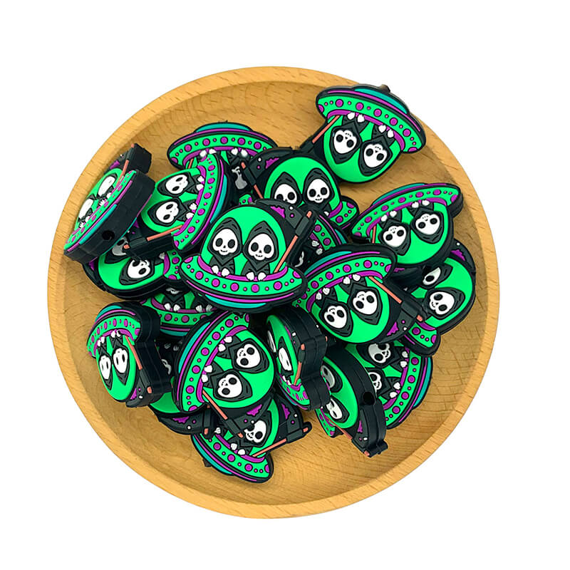 Silicone Focal Beads UFO Skull Aliens Holding Flag Detail 2