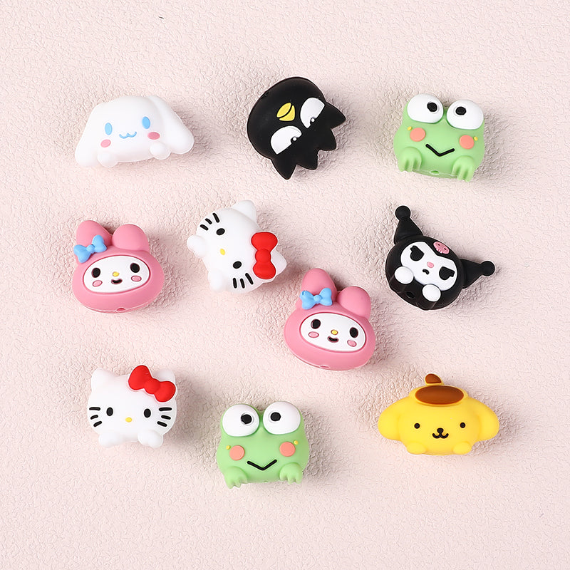 20Pcs Silicone 3D Focal Beads White Cat Round Head with Bow and Pink Rabbit Hood 5