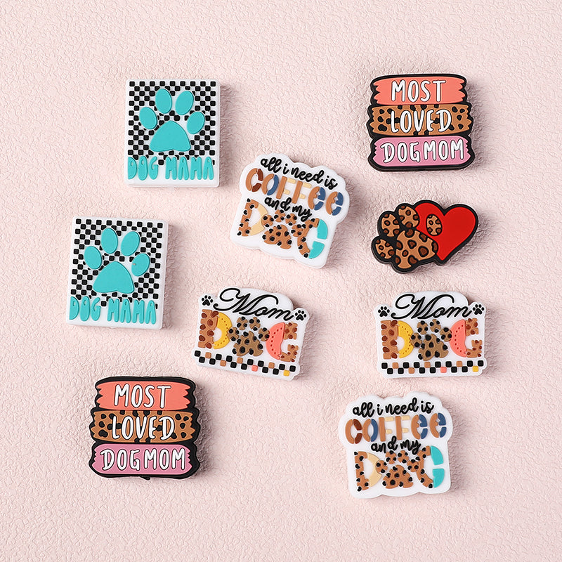 Silicone Focal Beads Leopard Dog Mom Series with Text and Paw Prints 4