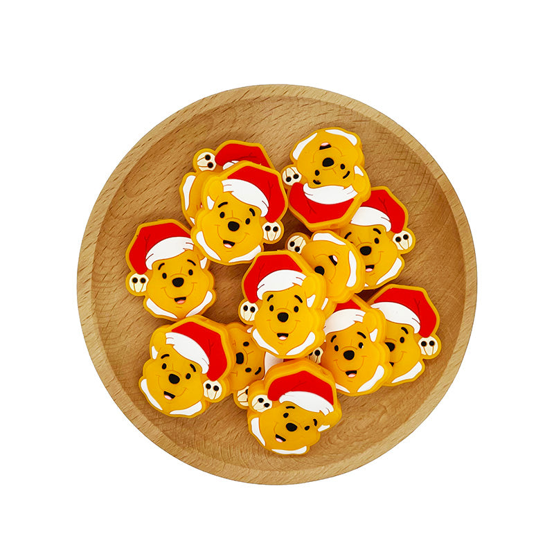 20pcs Silicone Focal Beads Yellow Bear Round Tummy Wearing Santa Hat 2