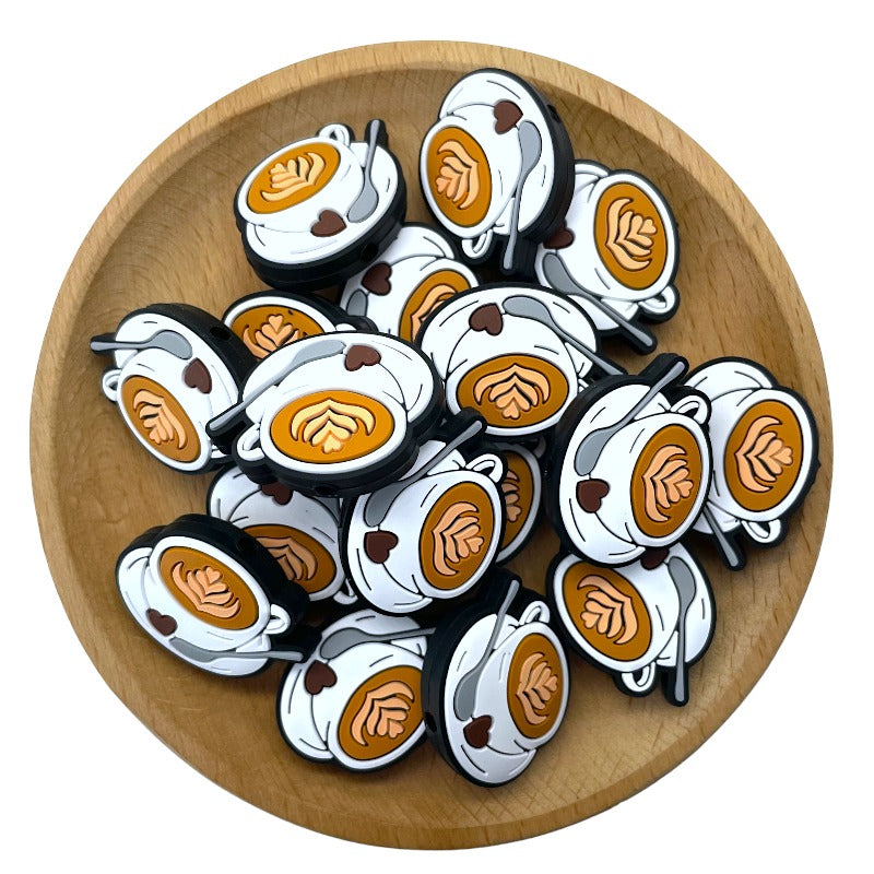 20pcs Silicone Focal Beads Coffee Heart with Spoon on Saucer 2