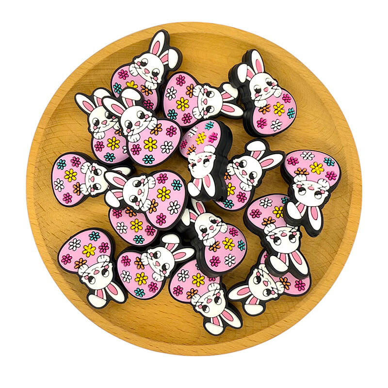 Silicone Focal Beads Easter Shame Rabbit Holding Colored Flower Egg 2