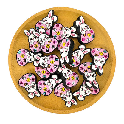 Silicone Focal Beads Easter Shame Rabbit Holding Colored Flower Egg 2