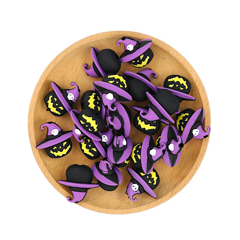 20Pcs Silicone 3D Focal Beads Halloween Black Pumpkin with Purple Witch Hat 3