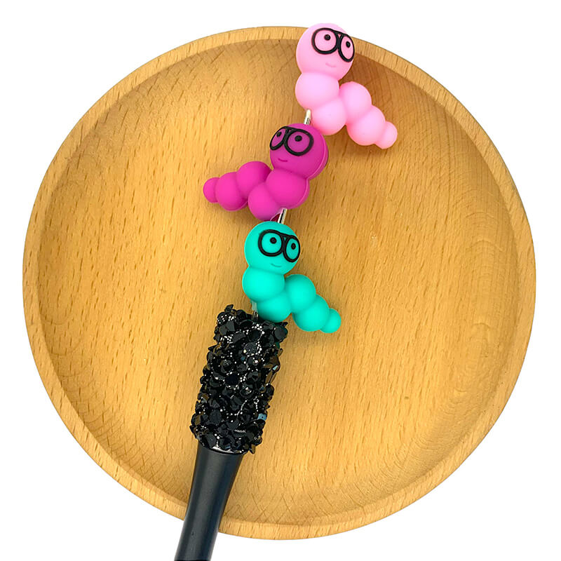 Silicone 3D Focal Beads Bookworm Caterpillar Wearing Round Glasses 2