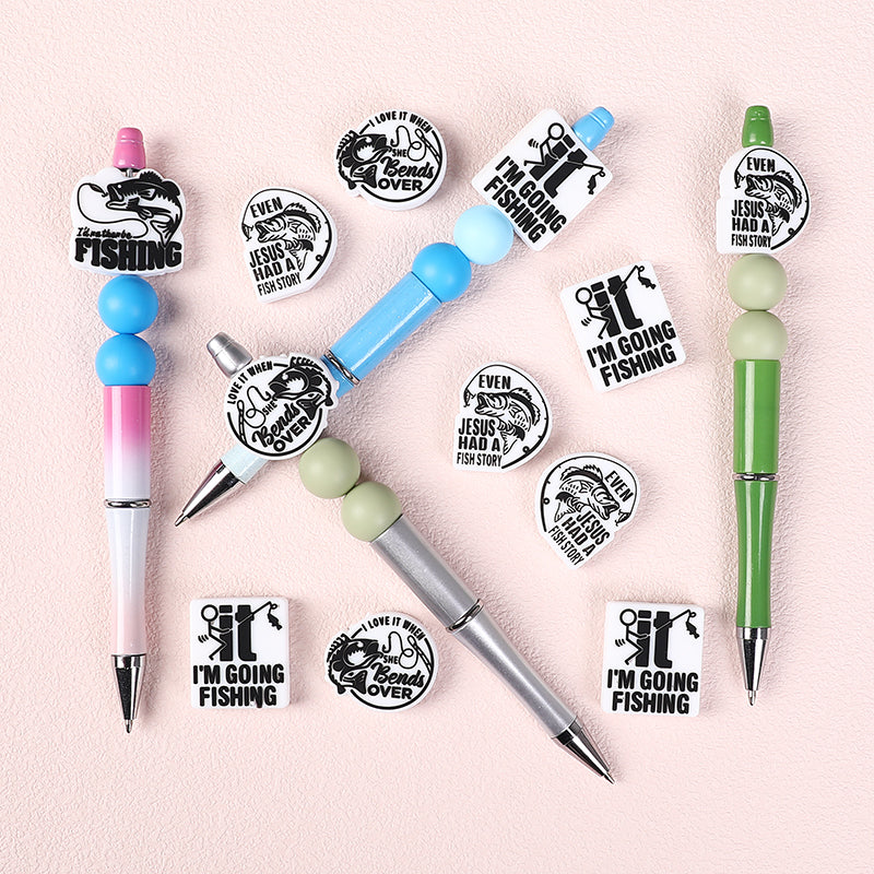 20Pcs Silicone Focal Beads Fishing Theme Printed Text Designs 7
