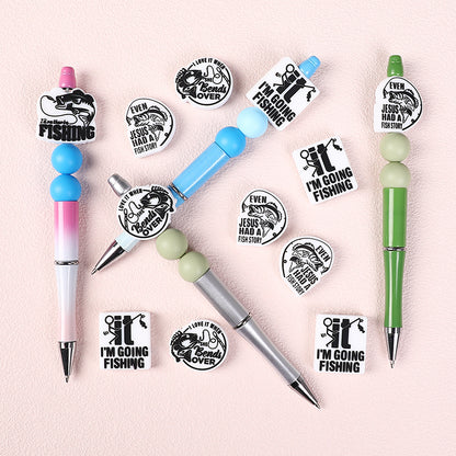 20Pcs Silicone Focal Beads Fishing Theme Printed Text Designs 7