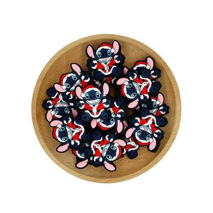 20pcs Silicone Focal Beads Blue Alien Character Large Ears Wearing Santa Outfit 2