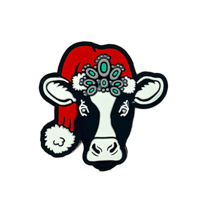 Silicone Focal Beads Western Cow Cattle Wearing Christmas Hat Front Facing