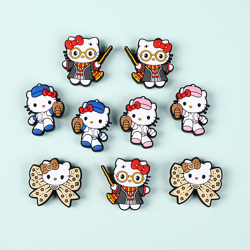 20Pcs Silicone Focal Beads White Cat No Mouth Red Bow with Accessories 5