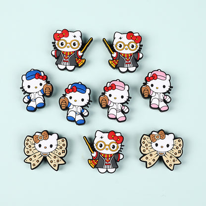 20Pcs Silicone Focal Beads White Cat No Mouth Red Bow with Accessories 5