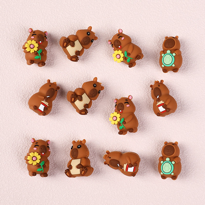 20Pcs Silicone 3D Focal Beads Capybara Holding Flower and Sitting Pose 5