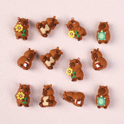 20Pcs Silicone 3D Focal Beads Capybara Holding Flower and Sitting Pose 5