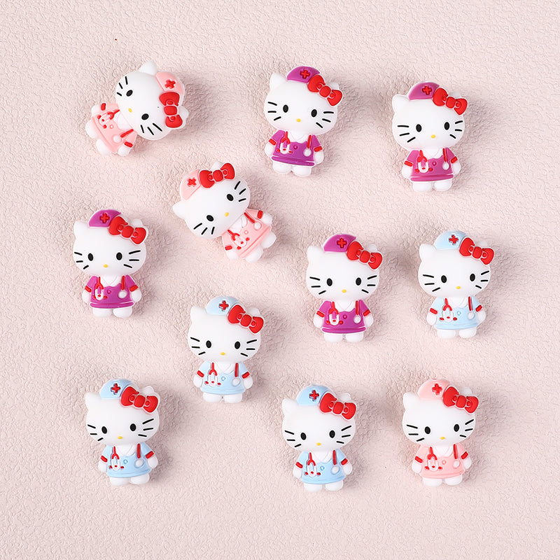 20Pcs Silicone 3D Focal Beads White Cat Wearing Nurse Hat with Stethoscope 3