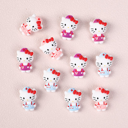 20Pcs Silicone 3D Focal Beads White Cat Wearing Nurse Hat with Stethoscope 3