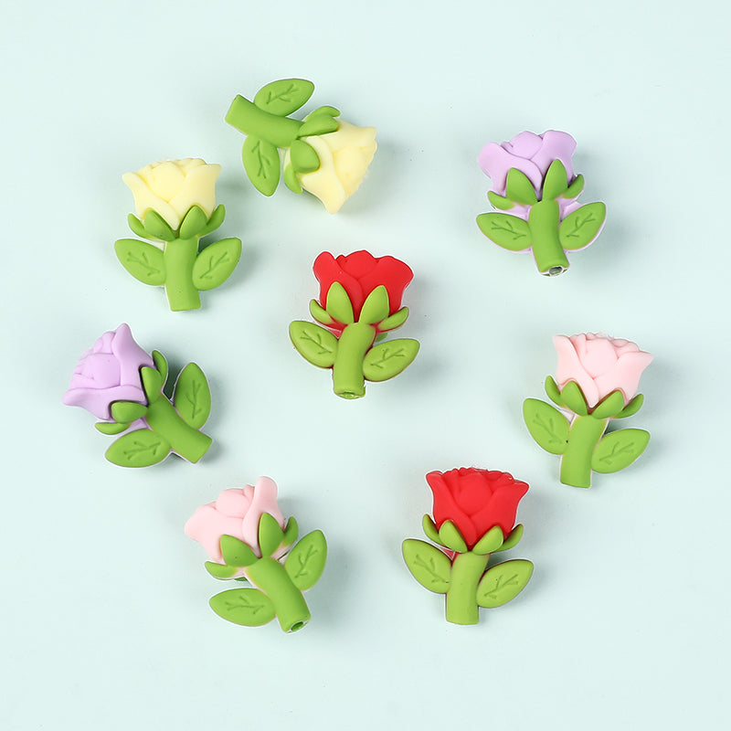 20Pcs Silicone 3D Focal Beads Multi Color Rose Holding Stem 4