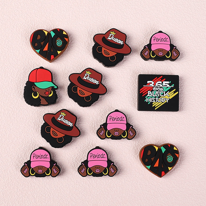 20pcs Silicone Focal Beads Black Girl Wearing Hat and Afro Hairstyle 6