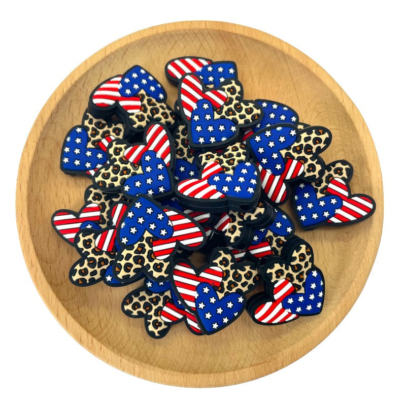20pcs Silicone Focal Beads Independence Day US Love Three Hearts Design 2