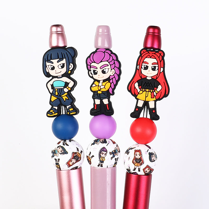 20Pcs Silicone Focal Beads Girl Characters Standing Pose with Colorful Hair 8