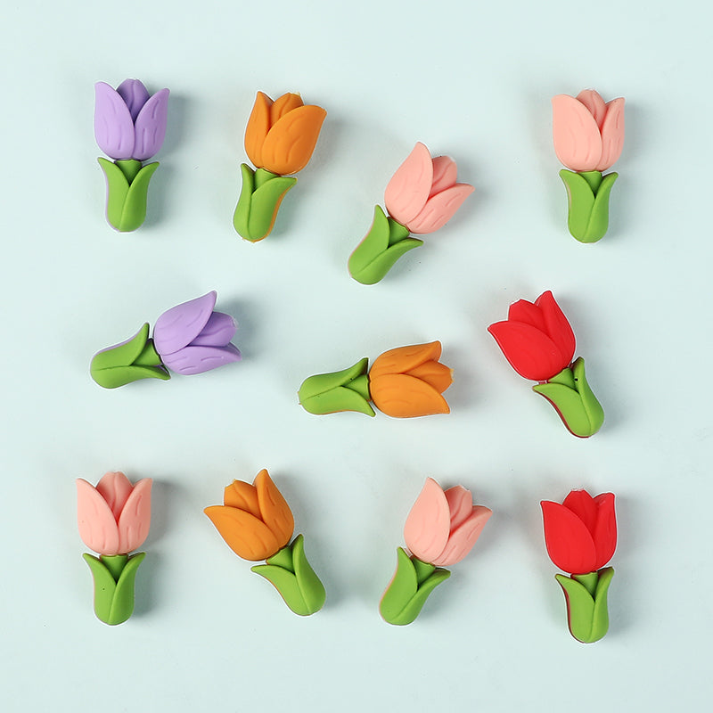 20Pcs Silicone 3D Focal Beads Tulip Flower with Green Leaves 5