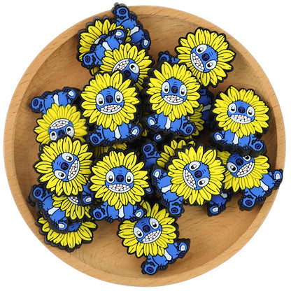 20Pcs Silicone Focal Beads Blue Alien Character Large Ears with Sunflower 3