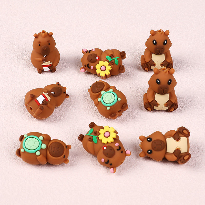 20Pcs Silicone 3D Focal Beads Capybara Holding Flower and Sitting Pose 2