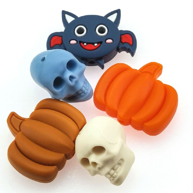 10pcs Silicone Focal Beads Halloween Ghost Bat Skull Pumpkin Designs 4