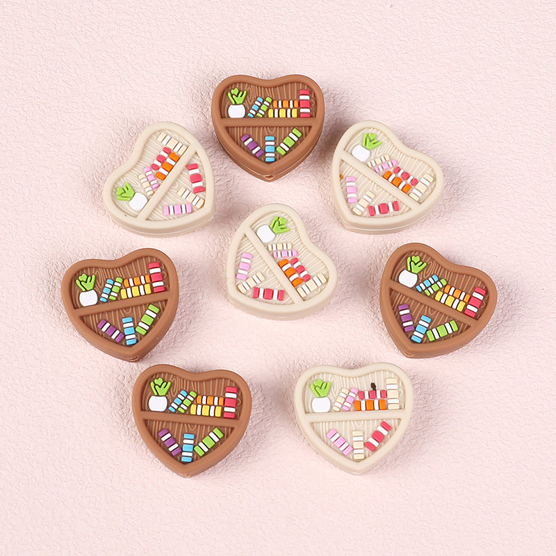 20Pcs Silicone Focal Beads Double Sided Heart Shaped Bookshelf Design 3
