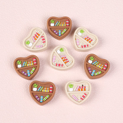 20Pcs Silicone Focal Beads Double Sided Heart Shaped Bookshelf Design 3