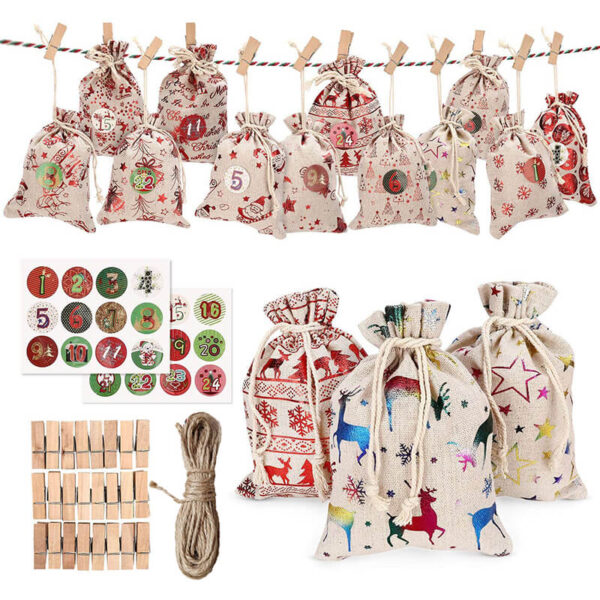 Advent Calendar Bag Kit Christmas Countdown Burlap Gift Candy Bag Printed Color